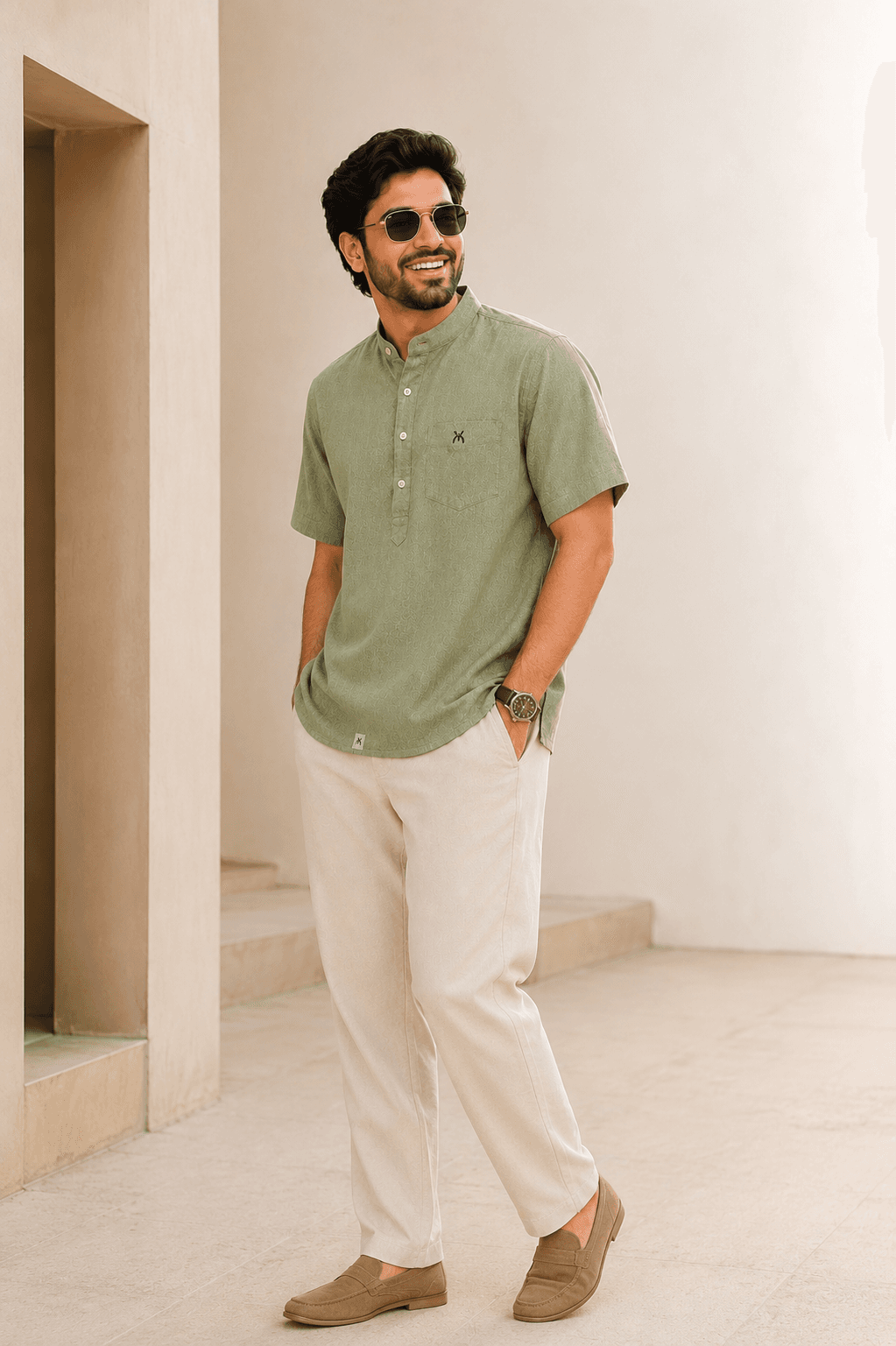 Olive Green Short Kurta Half Sleeve - Olive Green